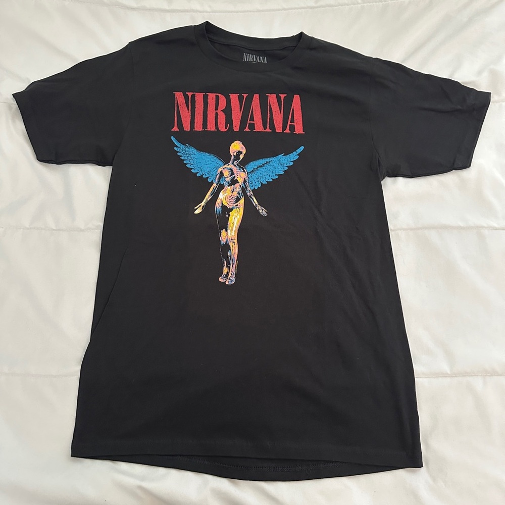 NIRVANA Black Tee with Red and Blue Graphic